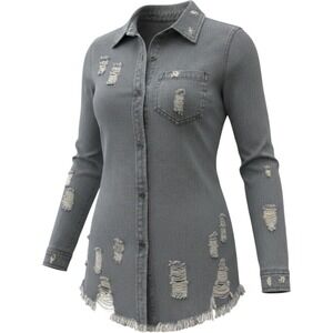 Lala Factory Womens Distressed Denim Shirt Light Wash Frayed Hem Size M